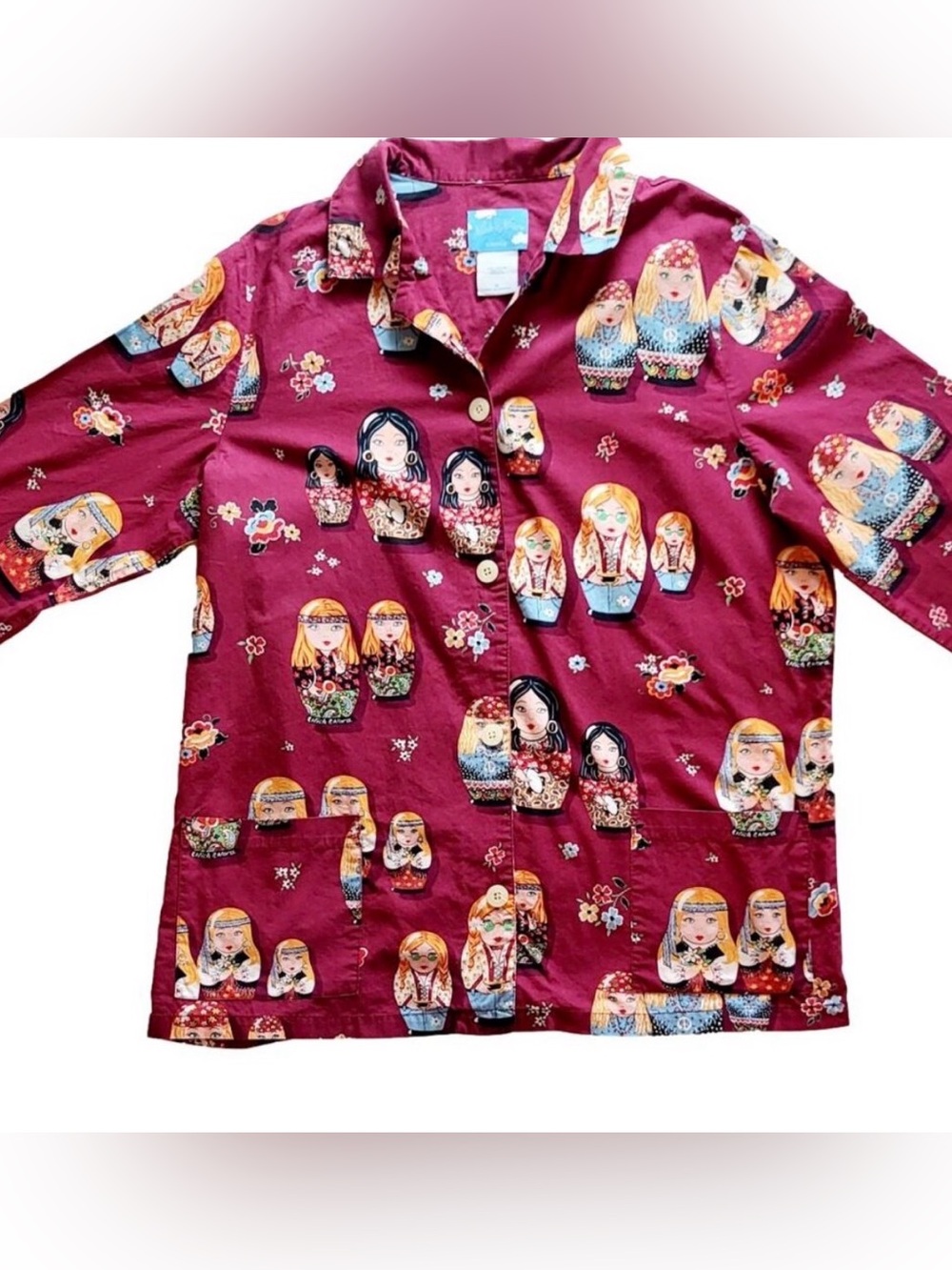 Nick & Nora Matryoshka Hippie Boho Nesting Doll Pajama PJ Top Cotton XL 